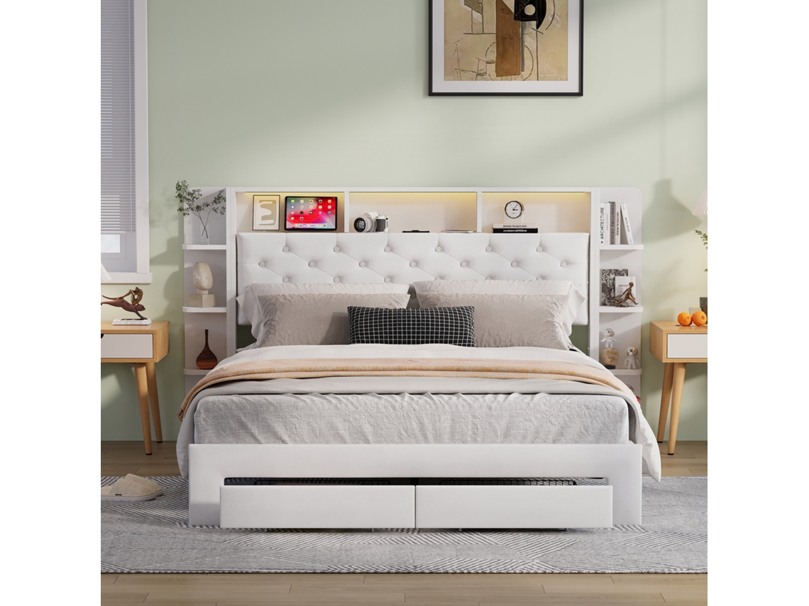 Cama De Casal 160x200 Cm Com Luz Led E Carga Usb | Cama Acolchoada Com Armazenamento (gavetas + Prateleiras) | Veludo Branco Moderna