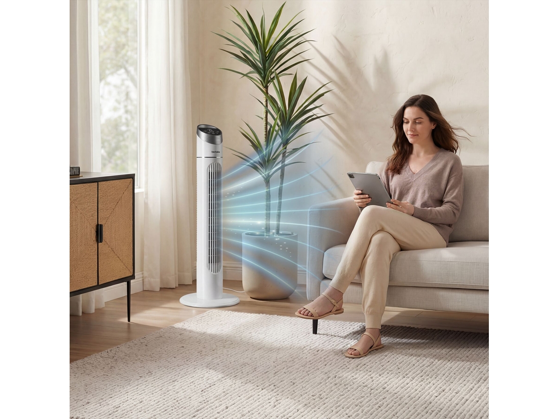 Ventilador De Torre Tectake Com Ecrã Tátil, Comando À Distância E Temporizador, 31 X 90 Cm, Branco