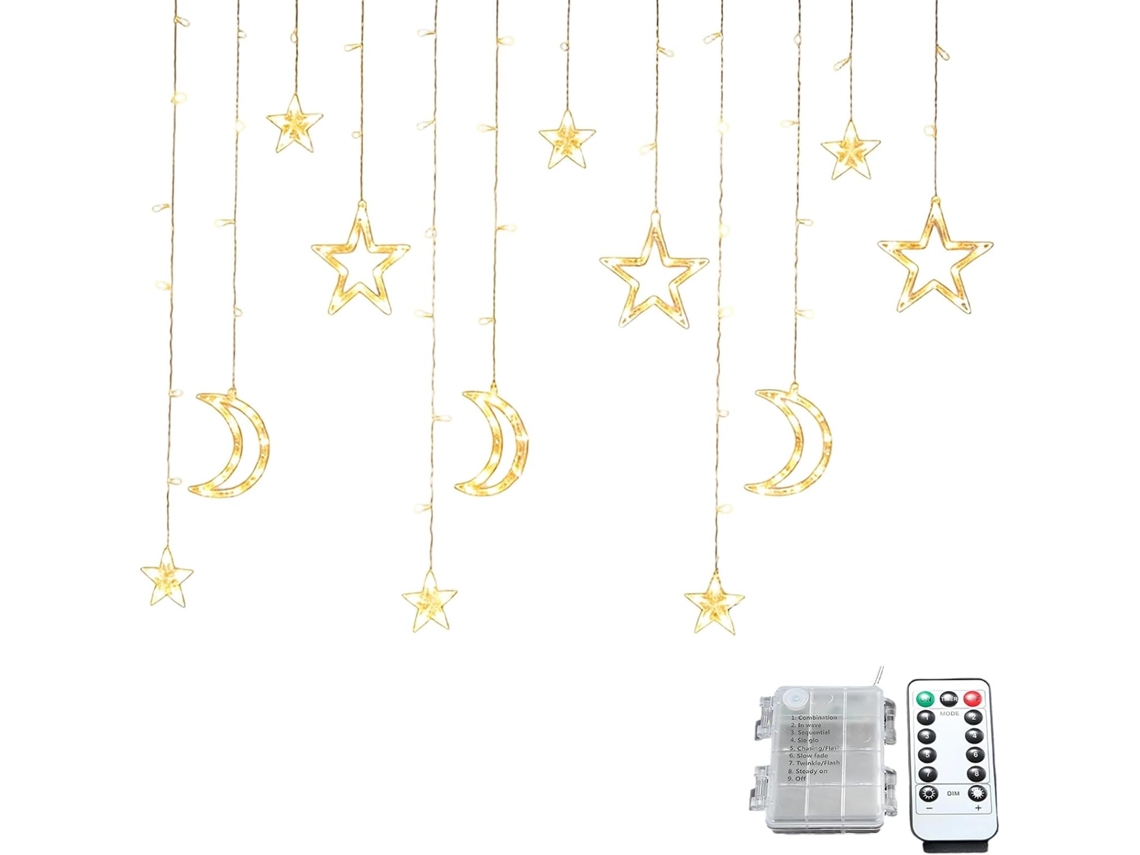 Cordão De Luzes Natal Em Led Com Estrela E Lua, 120 Leds Brancos