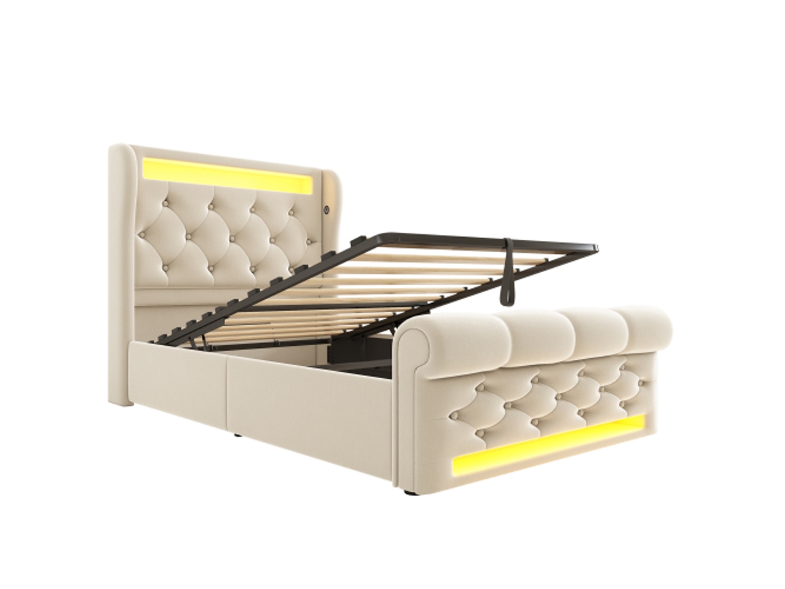 Cama Solteiro Estofada 90x200 com Luzes Led, Armazenamento e Usb DELCOND