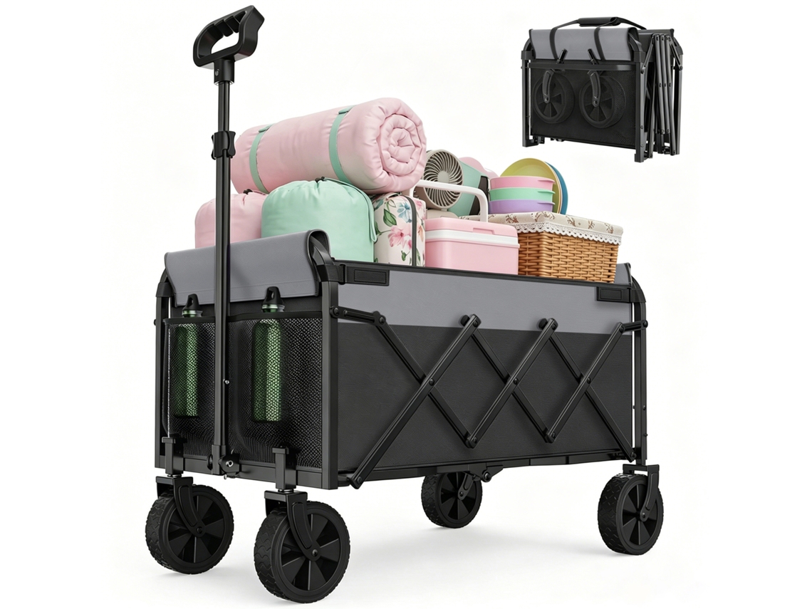 Carrinho De Transporte Dobrável 100kg Preto, 100l, Rodas 360°, Pega Ajustável, Carrinho De Compras, Camping E Jardim