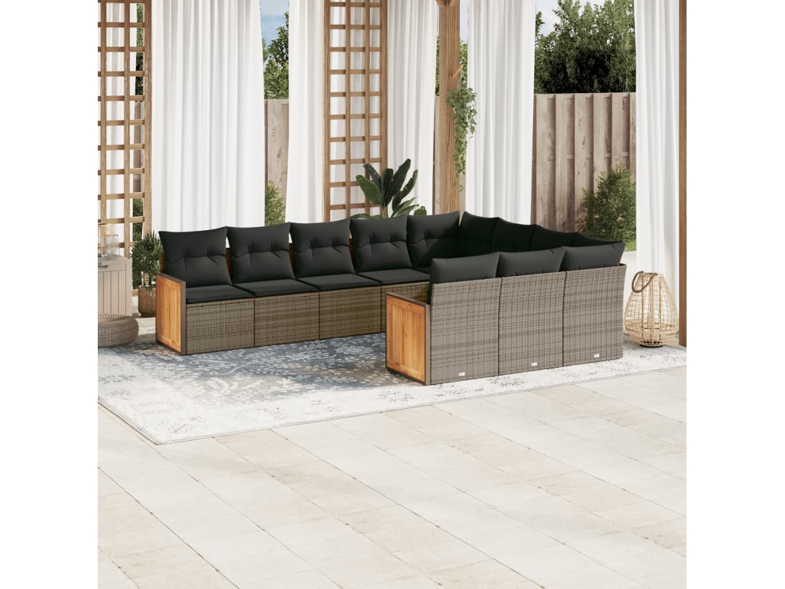Vidaxl 10 Pcs Conjunto Sofás De Jardim C/ Almofadões Vime Pe Cinzento