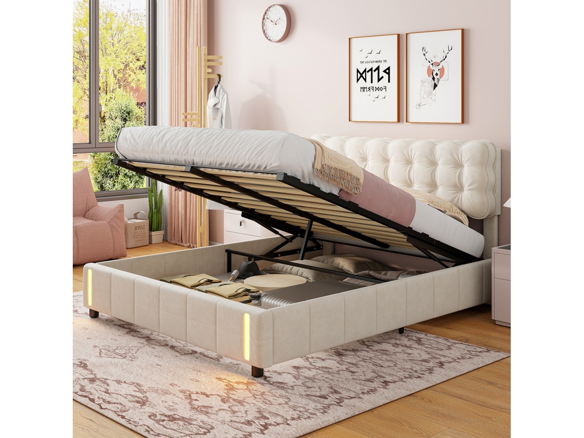 Cama com Arrumação 140x190, Sistema Hidráulico, Led, Sem Colchão, Bege, MDF SIMURQ