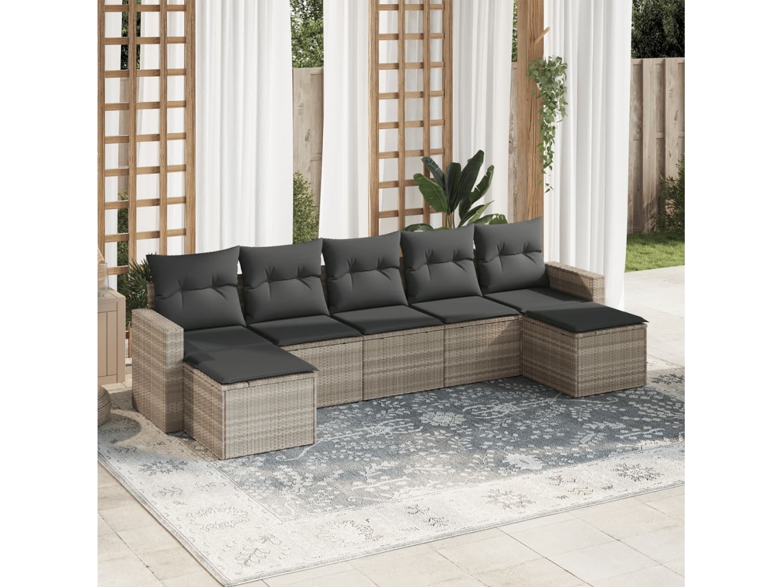 Vidaxl 7 Pcs Conj. Sofás Jardim Com Almofadões Vime Pe Cinzento-claro