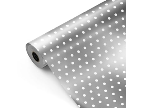 Bobina De Papel De Presente, Rolo Grande 62cm X 100m • Fundo Prata Com Poás Brancos • Ideal Para Lojas Comércio Fiesta Paper