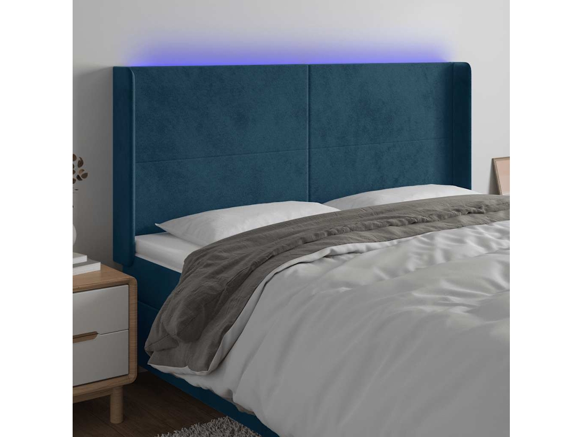 Vidaxl Cabeceira Cama C/ Luzes Led Veludo 203x16x118/128cm Azul-escuro
