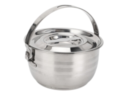 Recipiente para banha de porco com tampa e alça, em aço inoxidável, para armazenamento doméstico e de cozinha.