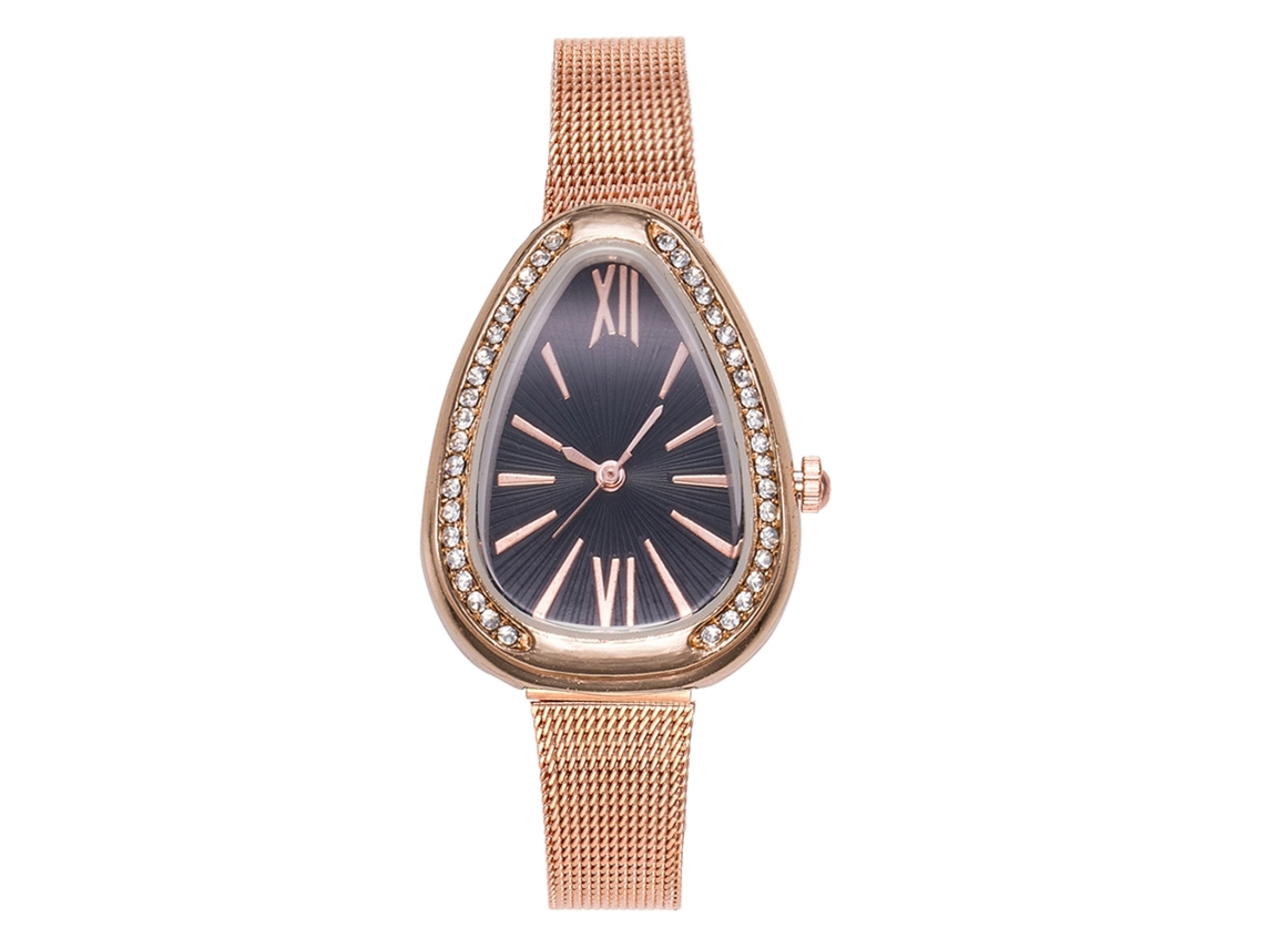 Relógio de Quartzo Feminino com Cinturão de Malha e Strass em Forma de Triângulo Preto