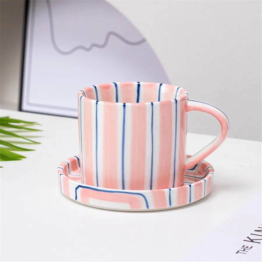 Conjunto Minimalista de Xícara e Pires com Listras Pintadas À Mão, Caneca de Cerâmica para Café com Leite. MDUG (rosa 200 400ml)