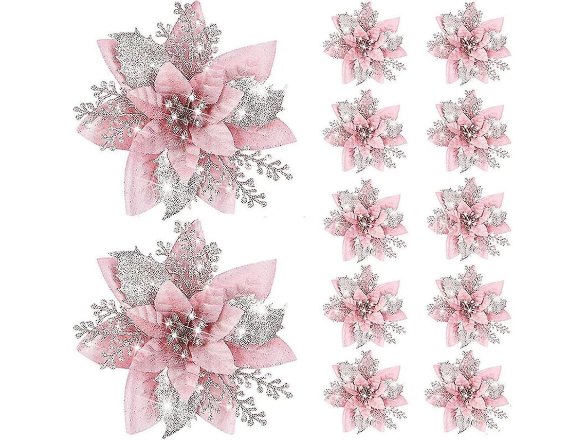 20pcs Flores De Natal Artificiais Com Glitter 14.5cm Decoração De Árvore De Natal Ornamentos Rosa Claro