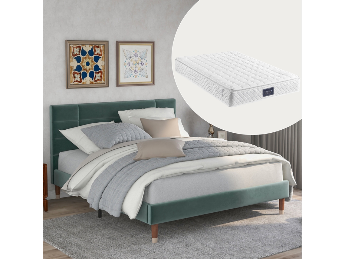 Cama Estofada, Cama De Casal, Estrutura De Cama Estofada 140x200cm Com Cabeceira, Em Veludo Verde Escuro, Com Colchão De Molas