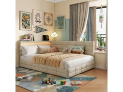Sofá-cama 140x200 Com Entrada Usb E Espaço Para Arrumação, Estrutura Com Iluminação, Estofo Com Estrado De Ripas, Colchão Não Incluído, Bege