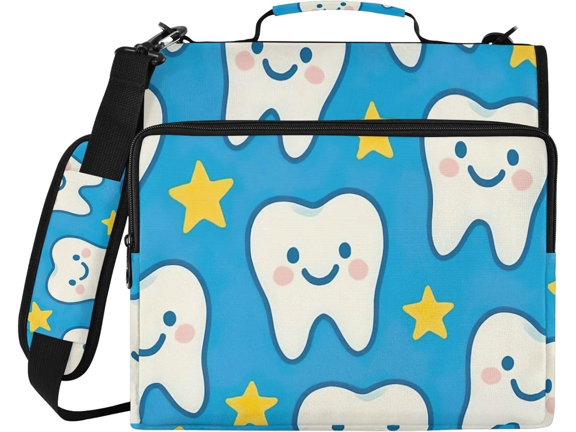 Pasta Organizadora Azul Com Estampa De Estrelas Dentes Fofas, Impermeável E Com Zíper, Ideal Escola E Trabalho, Com