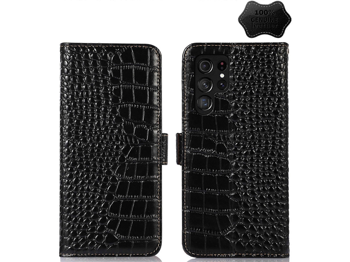 Capa Para Samsung Galaxy S23 Ultra 5g Em Couro Bovino Com Textura De Crocodilo Na Camada Superior.