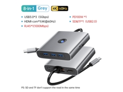 Yizhood Docking Station USB 3.0 Hub Tipo C Adaptador para 4k60hz Rj45 Pd Suporte Hdmi Cinza