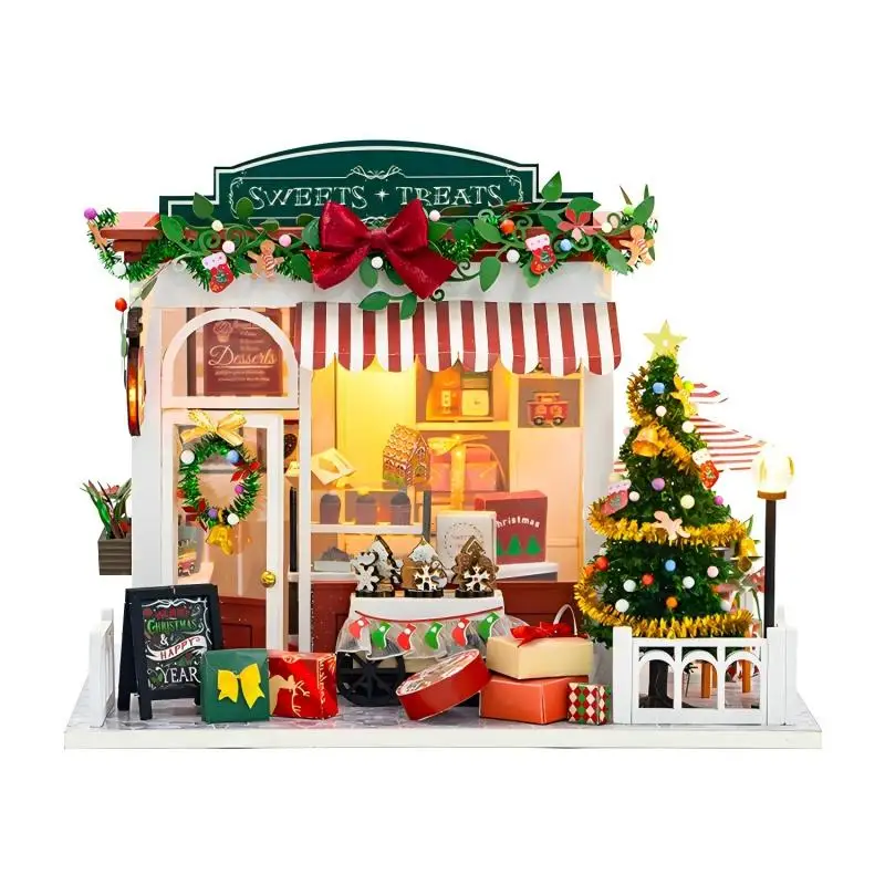 Kit para Montar uma Casa de Bonecas Natalina em Miniatura, Incluindo Mobília e Modelo de Madeira de uma Vila Natalina. MDUG