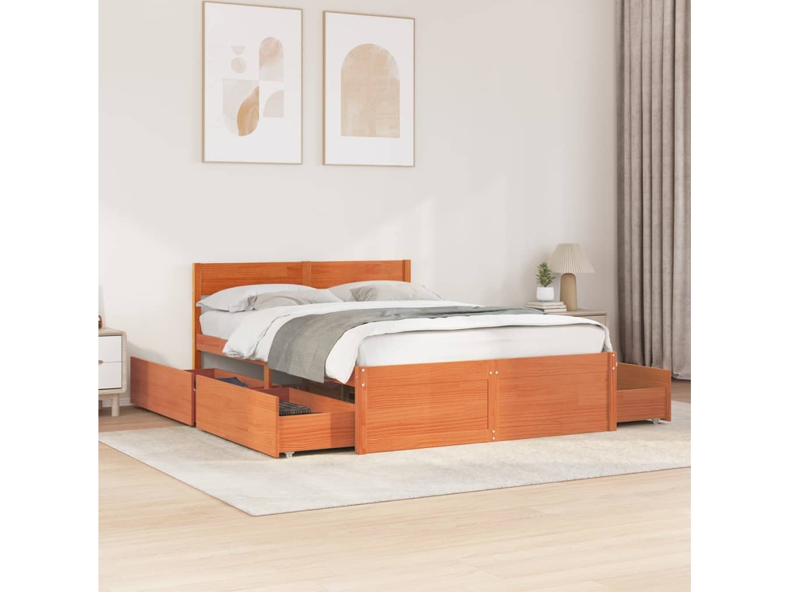 Vidaxl Cama Sem Colchão 135x190 Cm Madeira Pinho Maciça Castanho-mel