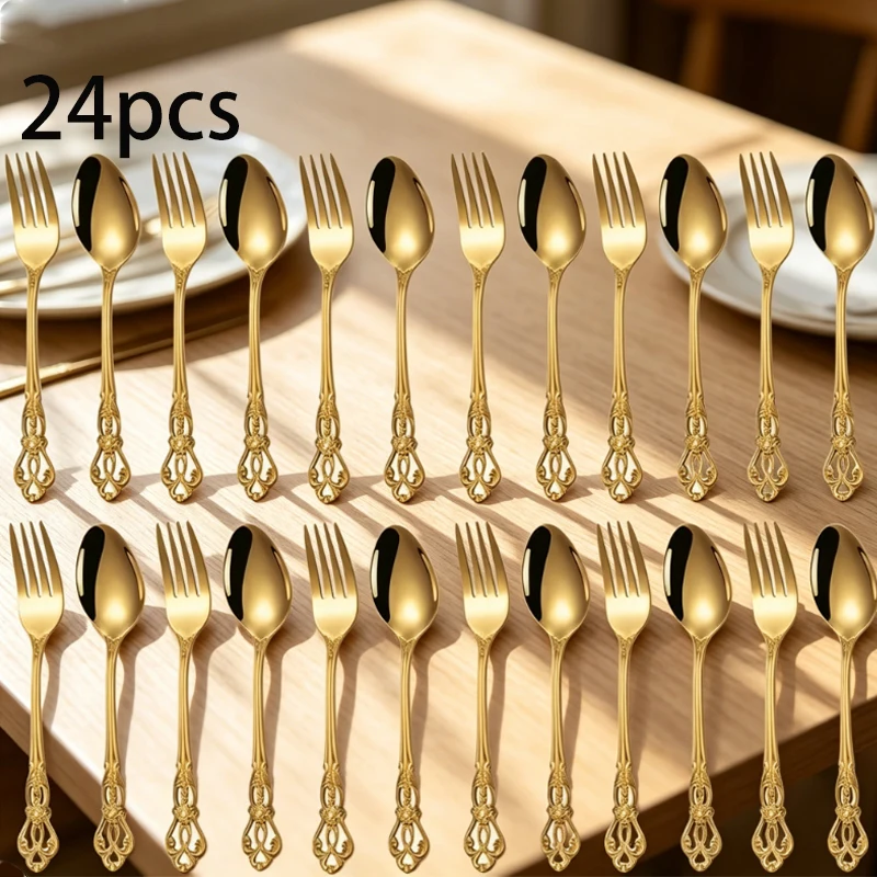 Conjunto De Talheres Entalhados Em Estilo Antigo Imperial (24 Peças), Colheres E Garfos Em Aço Inoxidável, Louça De Alta Qualidade Para Restaurantes.