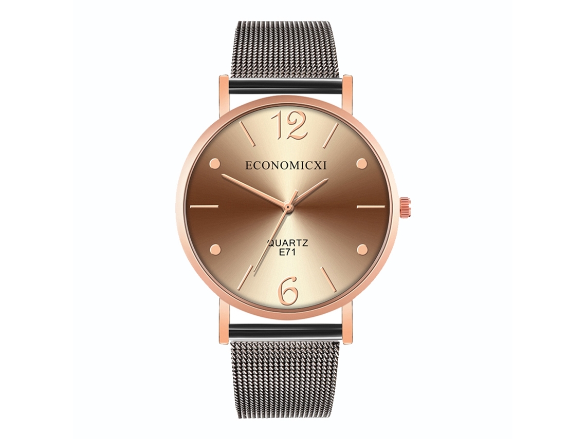 Relógio masculino moderno ultrafino de quartzo com pulseira de liga metálica (marrom + ouro rosa + preto)
