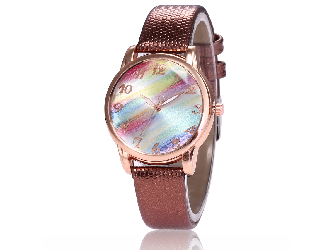 Relógio Feminino de Pulso com Pulseira Pu Esfera Redonda Quartzo Simples Cor Café