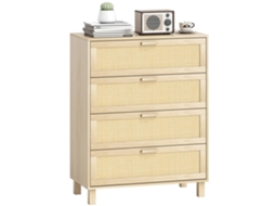 Cômoda Com 4 Gavetas E Detalhes Em Rattan, Dimensões 80 Cm (comprimento) X 40 Cm (largura) X 103 Cm (altura), Em Mdf Com Acabamento Em Madeira Clara.