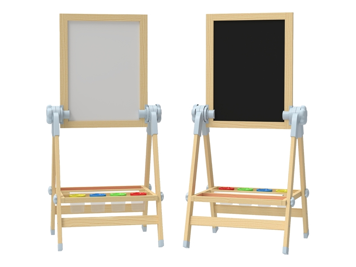 Cavalete De Madeira Infantil, Quadro Branco Dupla Face E Quadro Negro Ajustáveis Em Altura Com Rolo De Papel, Prateleira, Natureza