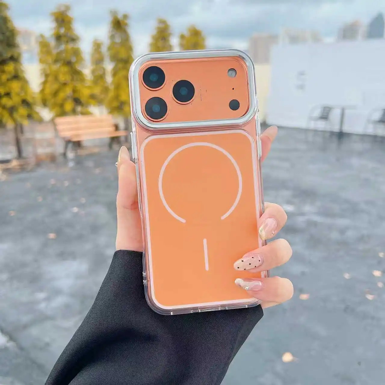 Capa Magnética Transparente Fosca À Prova De Choque Para Iphone 17 Pro, Laranja, Compatível Com Carregamento Sem Fio Magsafe.