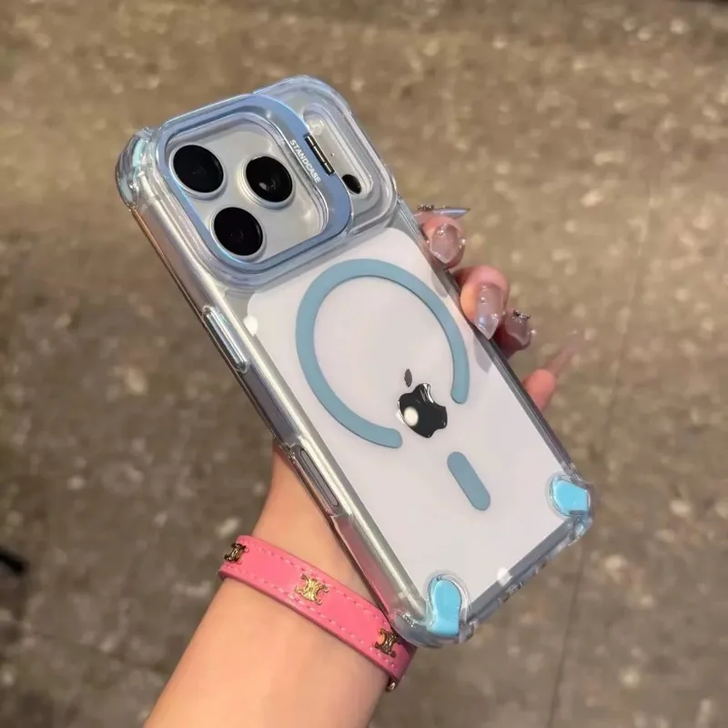 Capa Transparente Para Celular Com Suporte Para Câmera E Airbag (azul Para Iphone 12 Pro Max), À Prova De Choque.