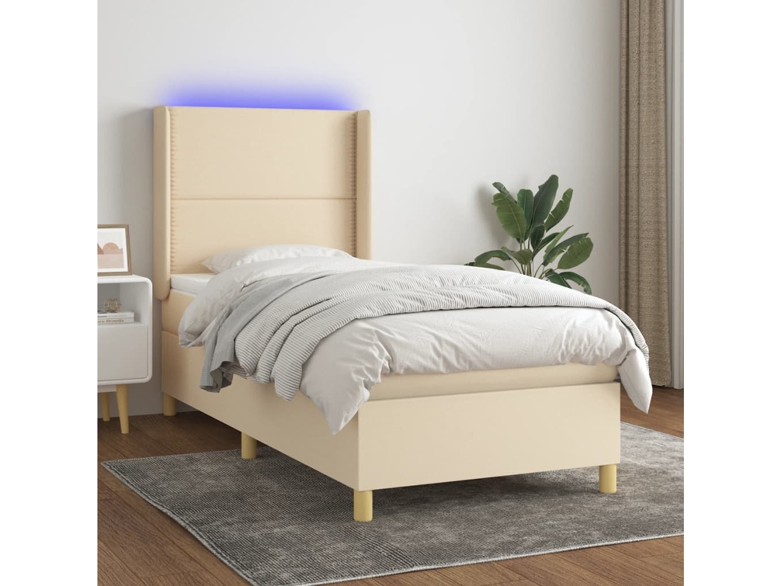 Vidaxl Cama Box Spring C/ Colchão E Led 90x190 Cm Tecido Cor Creme