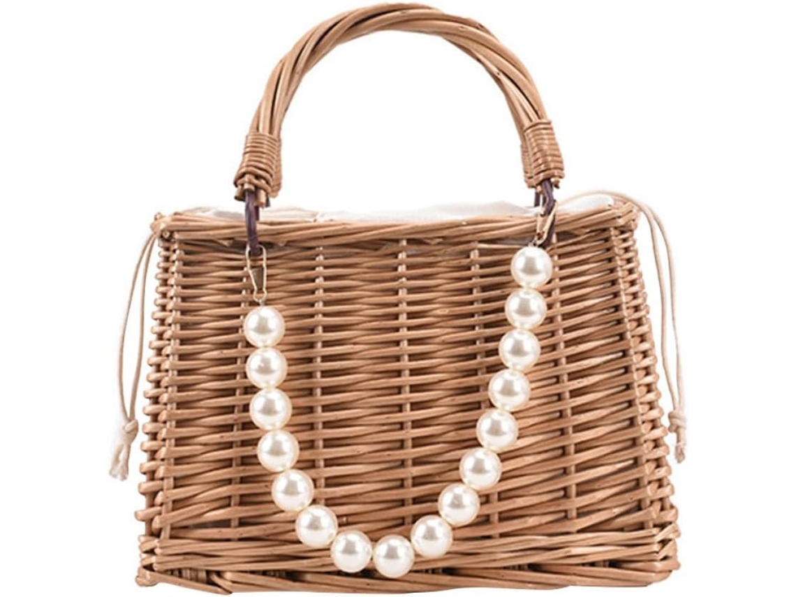 Bolsa Feminina Ciieeo De Palha Trançada Com Miçangas, Abertura Ampla, Cordão, Portátil E