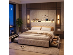 Lazyspace Cama De Casal Estofada Em Veludo 140x200 Cm Com Cabeceira Led, Usb E 4 Gavetas - Bege