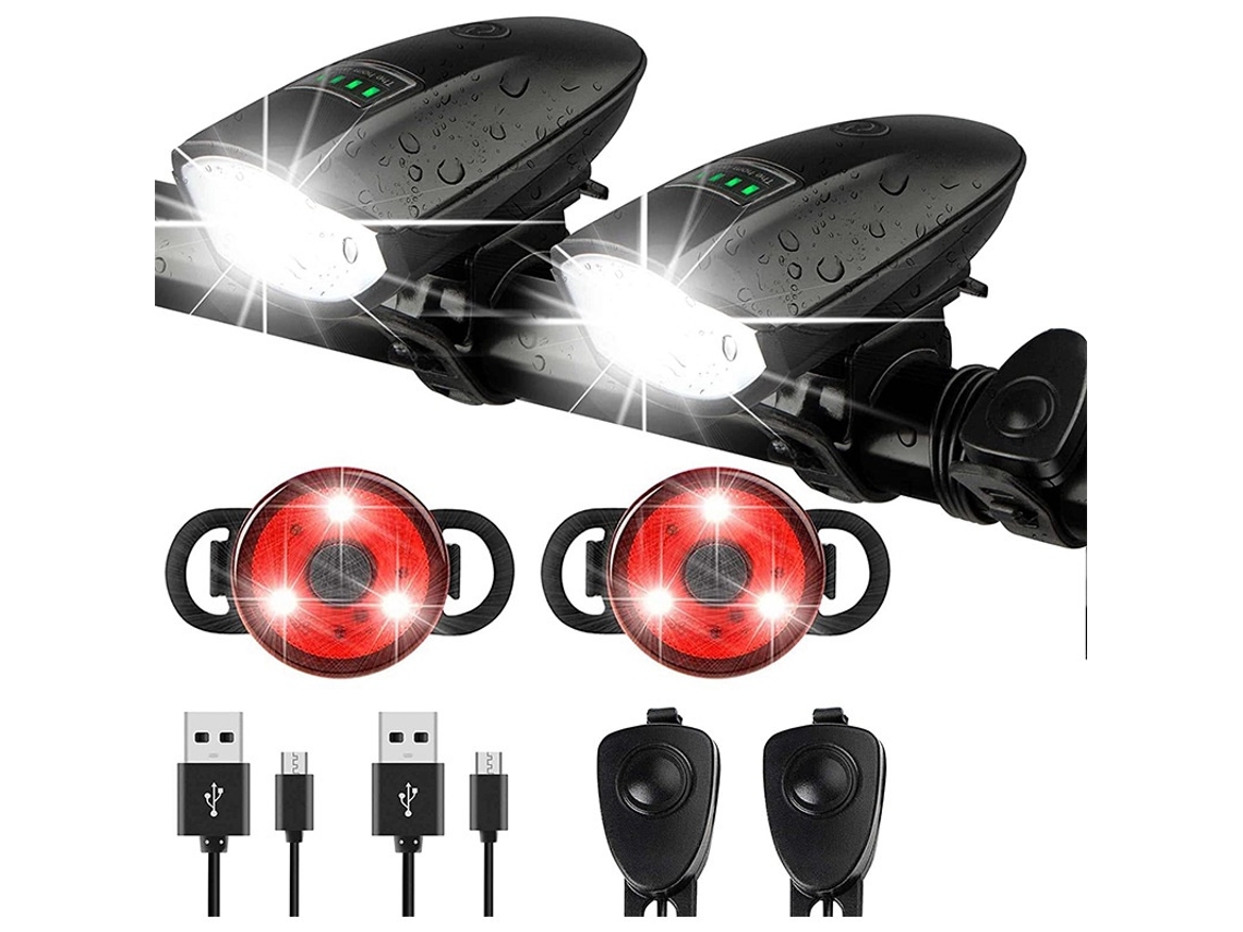 Conjunto de luzes de bicicleta recarregáveis por USB com frontal, traseira e buzina, à prova d'água, 3 modos de iluminação (preto)