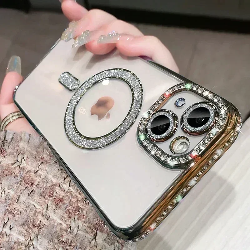(iphone 12, Dourado) Capa Transparente E Brilhante Com Cristais Para Iphone, Compatível Com Carregamento Sem Fio Magnético Magsafe.