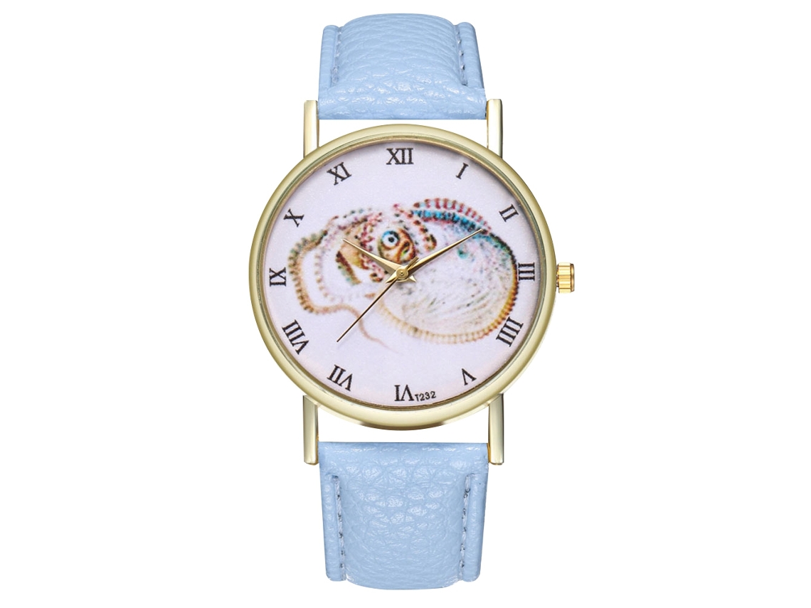 Relógio de pulso unissex vintage de quartzo com pulseira de couro PU azul claro com estampa animal.