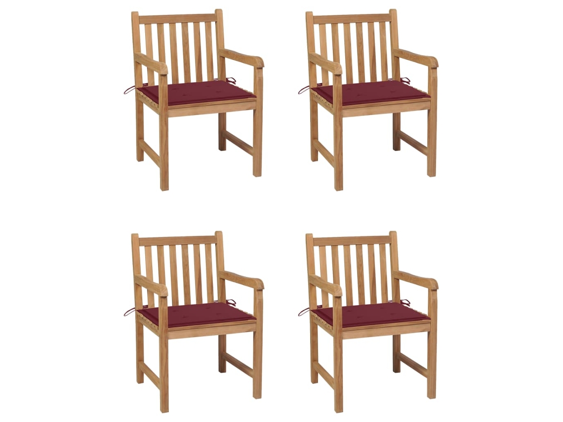 Vidaxl Cadeiras Jardim C/ Almofadões Vermelho Tinto 4 Pcs Teca Maciça