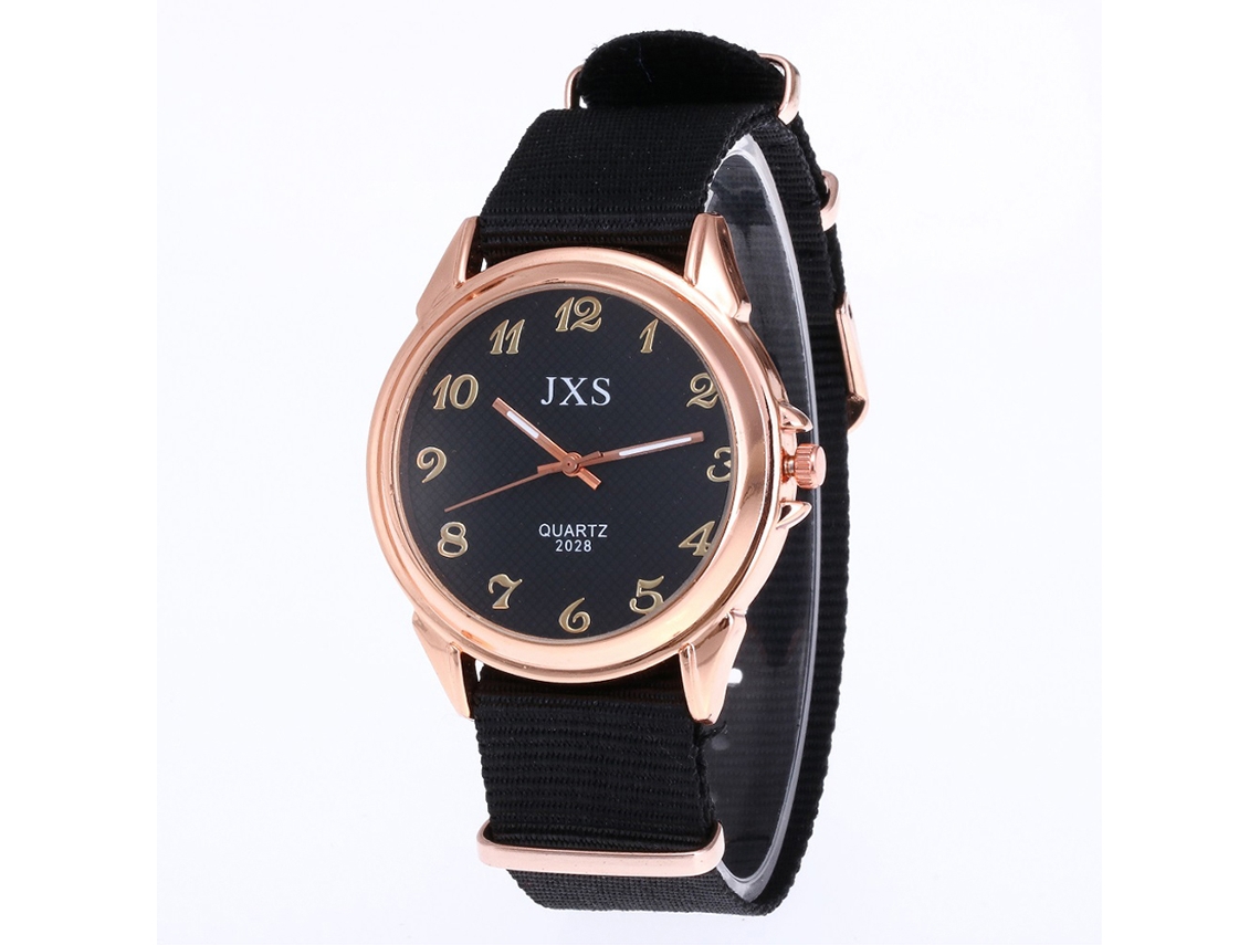 Relógio de pulso de quartzo com mostrador redondo para homens e mulheres, estilo casual em nylon (preto)