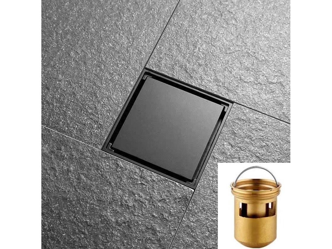 Ralo de Piso Desodorizante em Aço Inoxidável com Azulejos Tibetanos Embutidos, Preto. AQUAFORGE