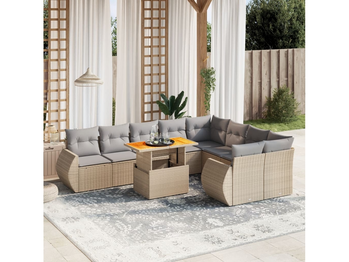 Vidaxl 10 Pcs Conjunto de Sofás P/ Jardim com Almofadões Vime Pe Bege