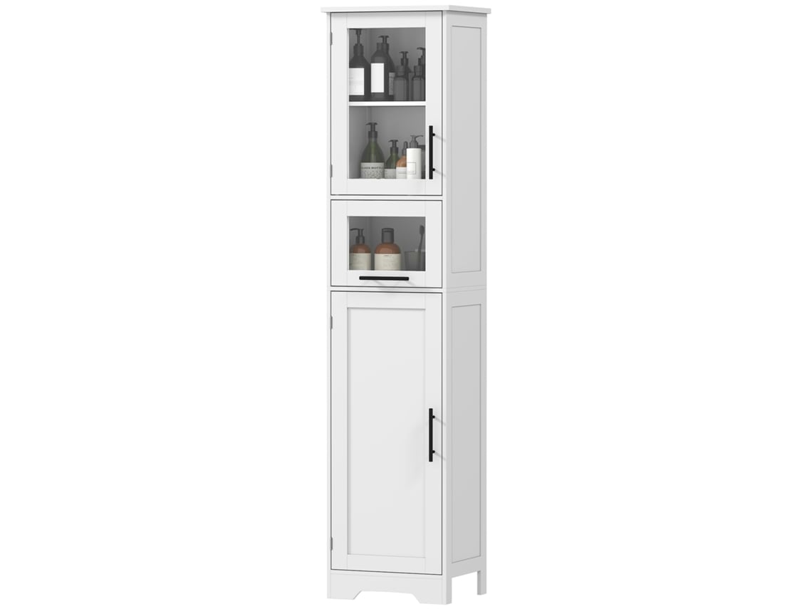 Coluna de Casa de Banho com Porta de Vidro, Prateleiras Ajustáveis, Gaveta, 40x31x170 Cm Branco ORBITRA COMMERCE