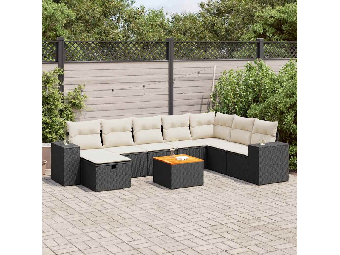 Vidaxl 9 Pcs Conjunto De Sofás P/ Jardim C/ Almofadões Vime Pe Preto