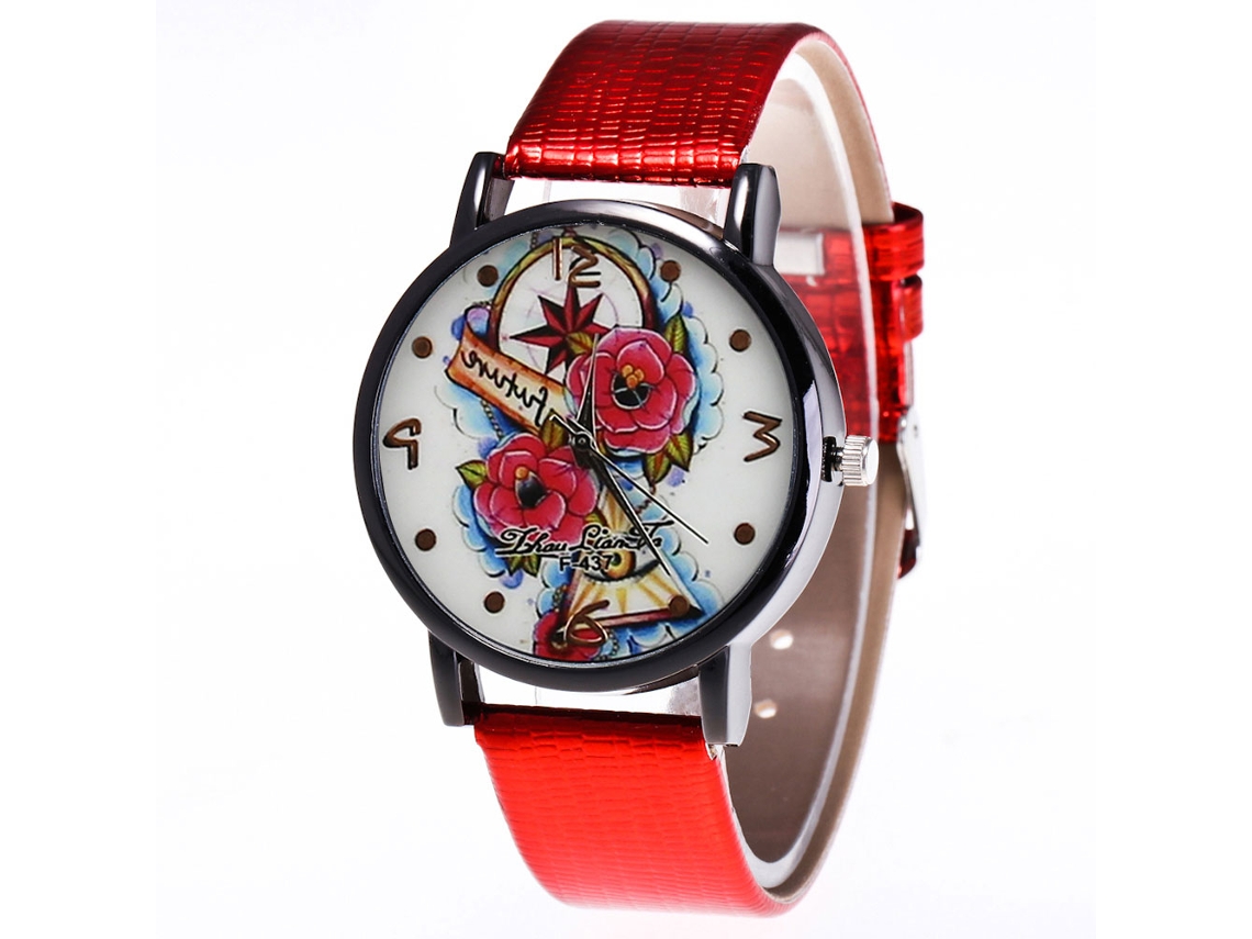 Relógio de quartzo unissex com pulseira de couro PU, mostrador redondo e estampa floral (vermelho)