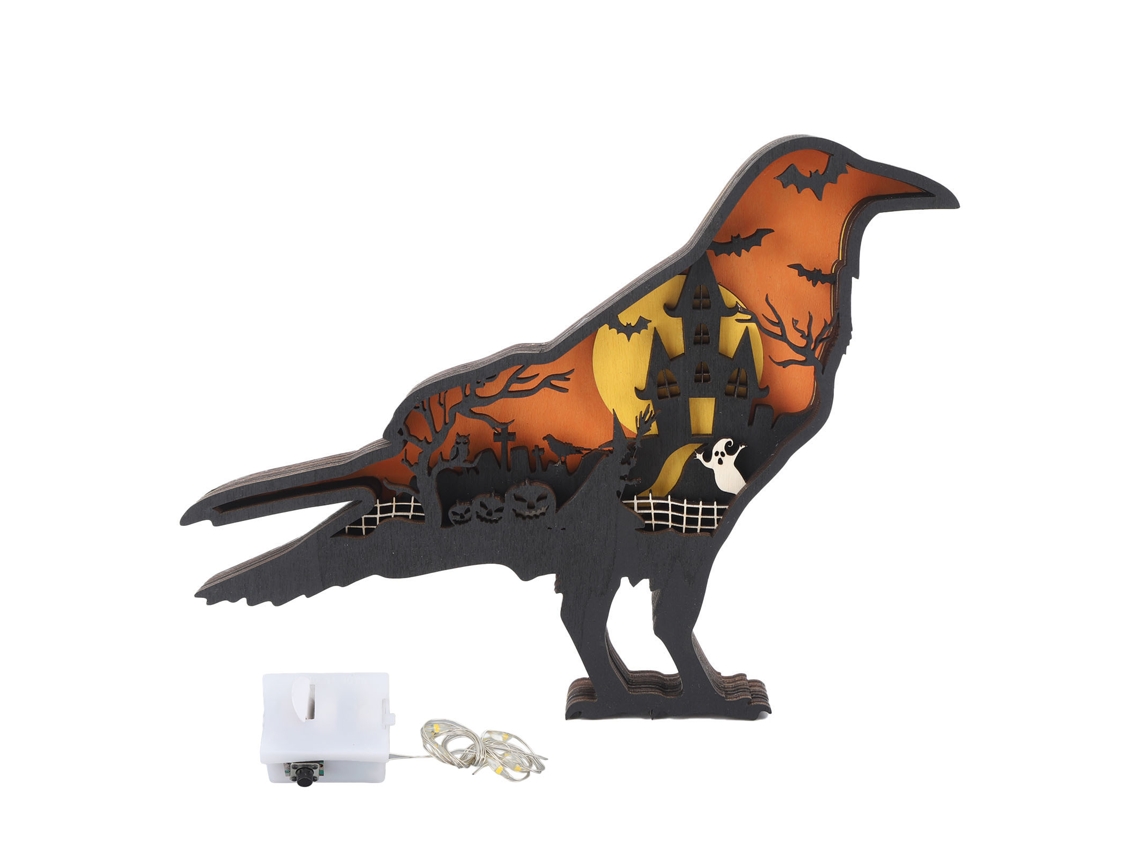 Ornamento de madeira entalhada Baok com luz: Arte manual em madeira 3D de animal com luzes para decoração de Halloween: Corvo