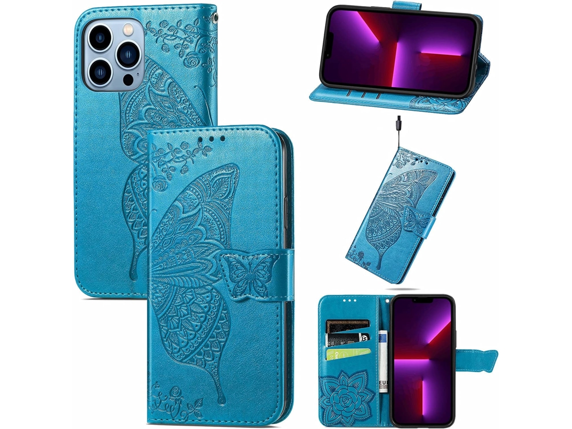 Capa Padrão Borboleta Portacartões para iPhone 13 Pro Max HONGWE. Pele Sintética Anti-Choque Magnética Multicor