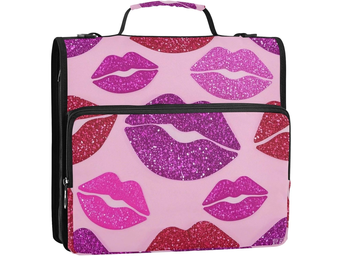 Organizador de 3 Argolas com Alça Ombro Design Lábios Desenho Animado Glitter Rosa 3,8 Cm 34,5 X 31,5 8,9