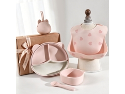 Conjunto de Alimentação para Bebé em Silicone - Prato Dividido + Taça + Colher em Silicone + Caixa Rosa PANOONA (5 Peças)
