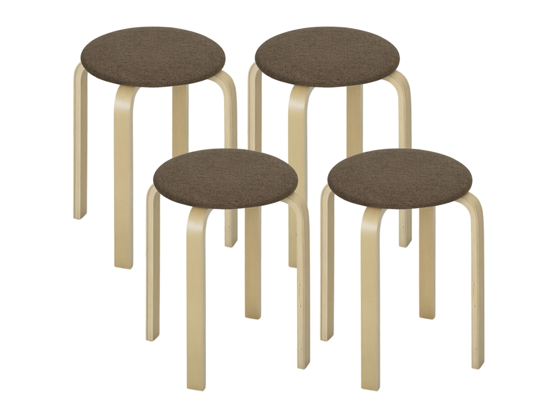 Conjunto 4 Bancos Empilháveis Redondos Assento Acolchoado Ø40x45cm Marrom Madeira