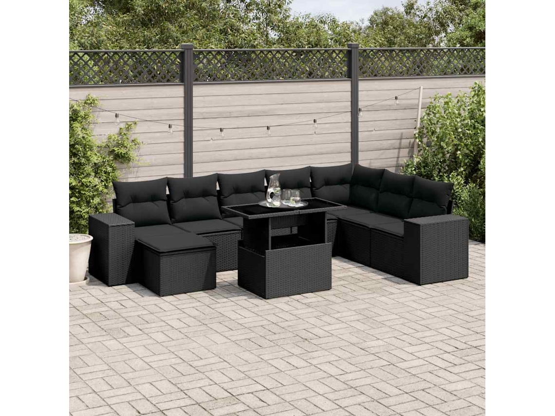 Vidaxl 9 Pcs Conjunto De Sofás P/ Jardim C/ Almofadões Vime Pe Preto