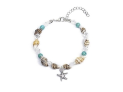 Pulseira Da Moda, Pingente De Concha, Estrela Do Mar Turquesa E Contas De Cristal. Nostalgia88