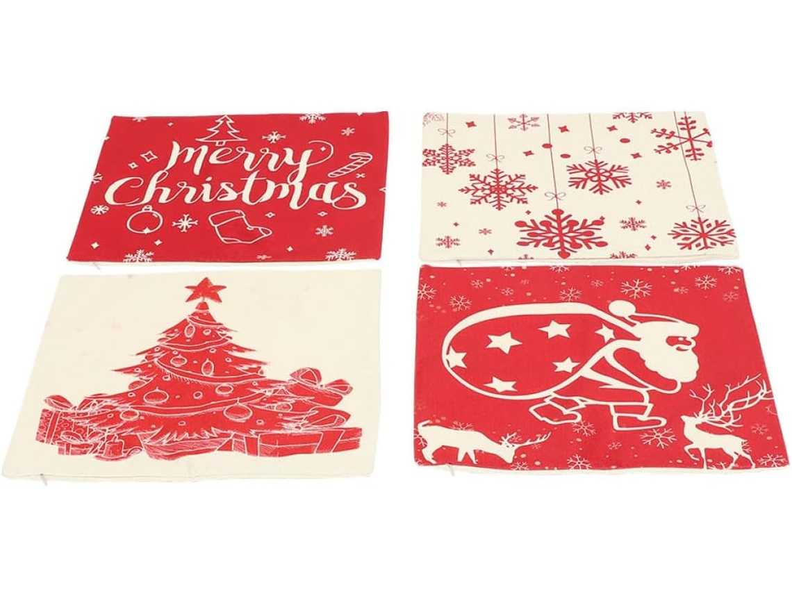 Conjunto de 4 Capas Almofada Quadradas Linho, 45x45cm, com Estampa Árvore Natal, Zíper Invisível, CHABERLU