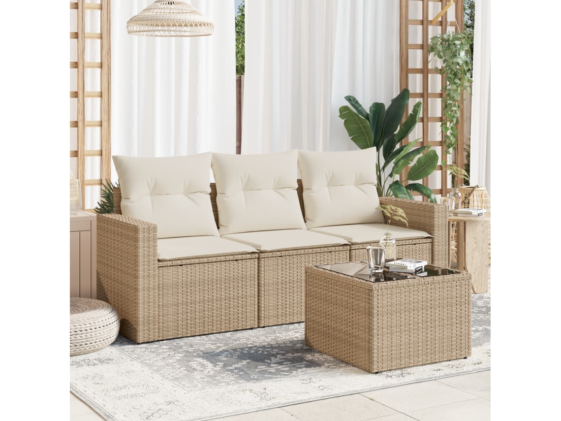 Vidaxl 4 Pcs Conjunto De Sofás Para Jardim C/ Almofadões Vime Pe Bege